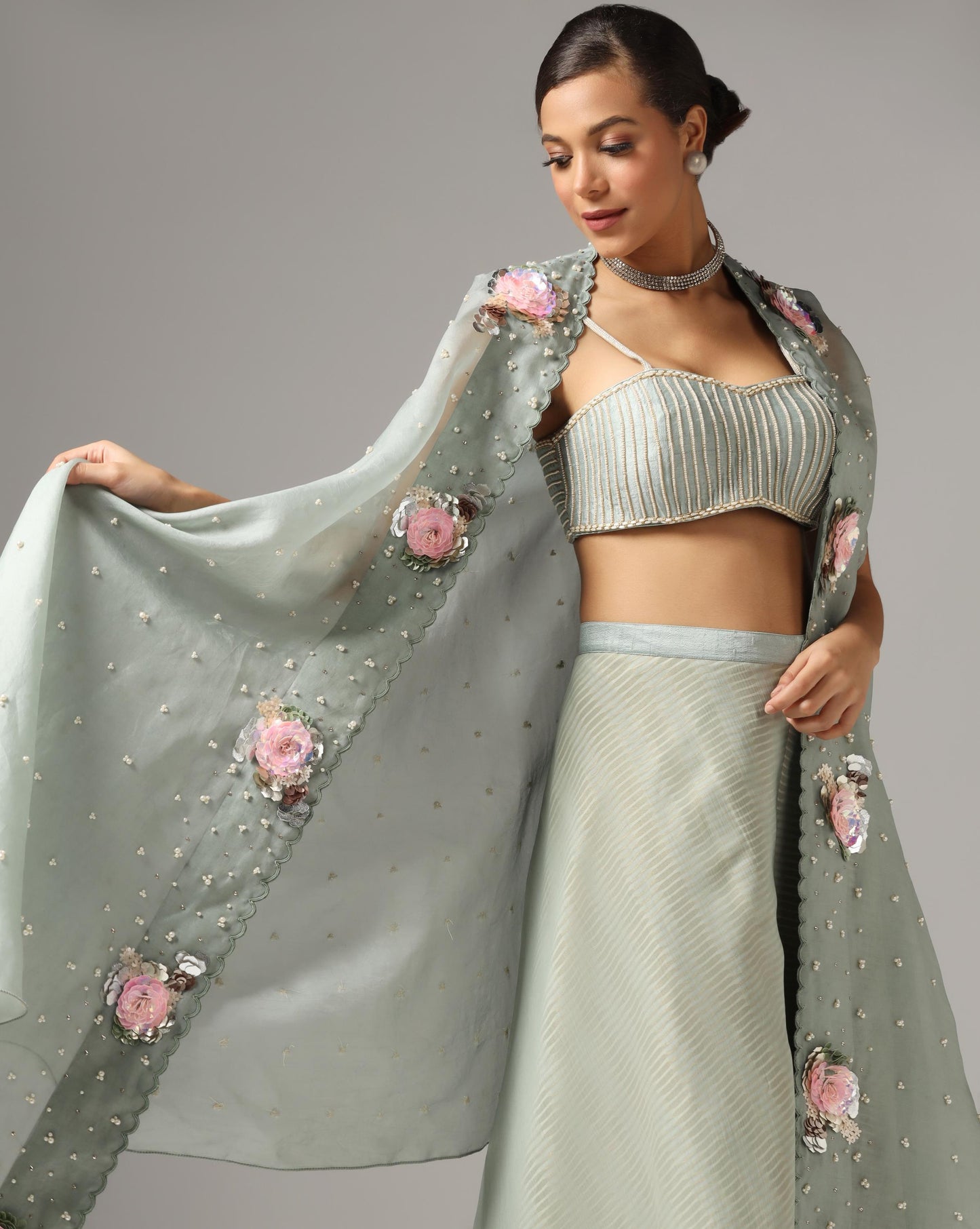 Teal Green Organza & Chiffon Embroidered Cape Set