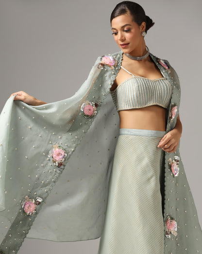 Teal Green Organza & Chiffon Embroidered Cape Set
