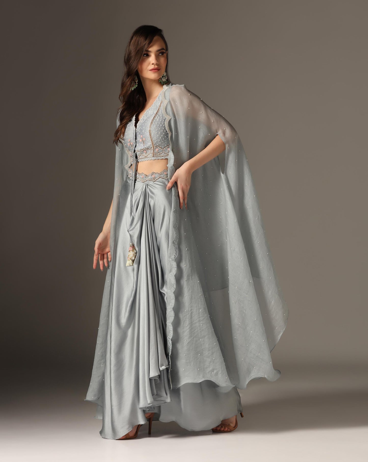 Pearl Scallop Cape with Mughal Jali Blouse