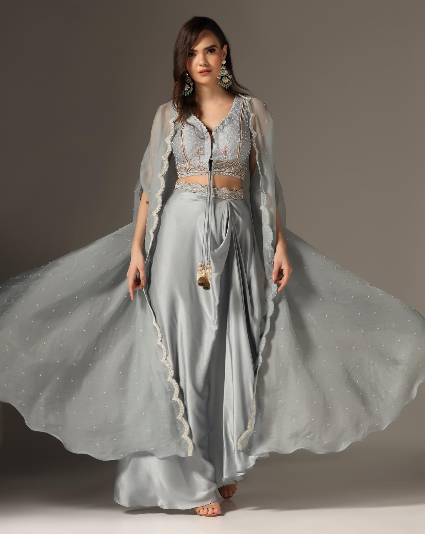 Dull Blue Organza & Raw Silk Draped Skirt Set