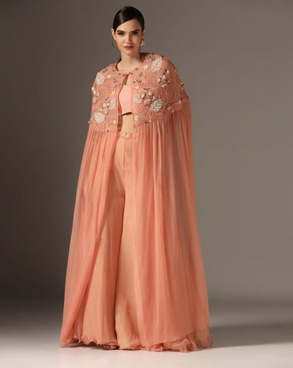 Peach Organza & Raw Silk Embroidered Cape Set
