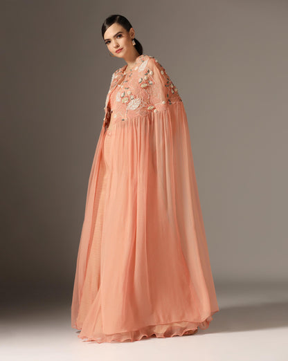 Peach Organza & Raw Silk Embroidered Cape Set