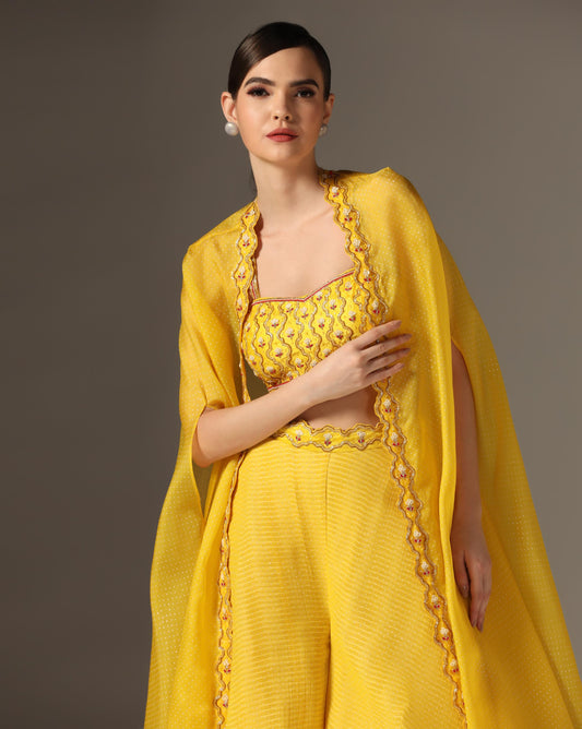 Yellow Organza & Raw Silk Embroidered Cape Set