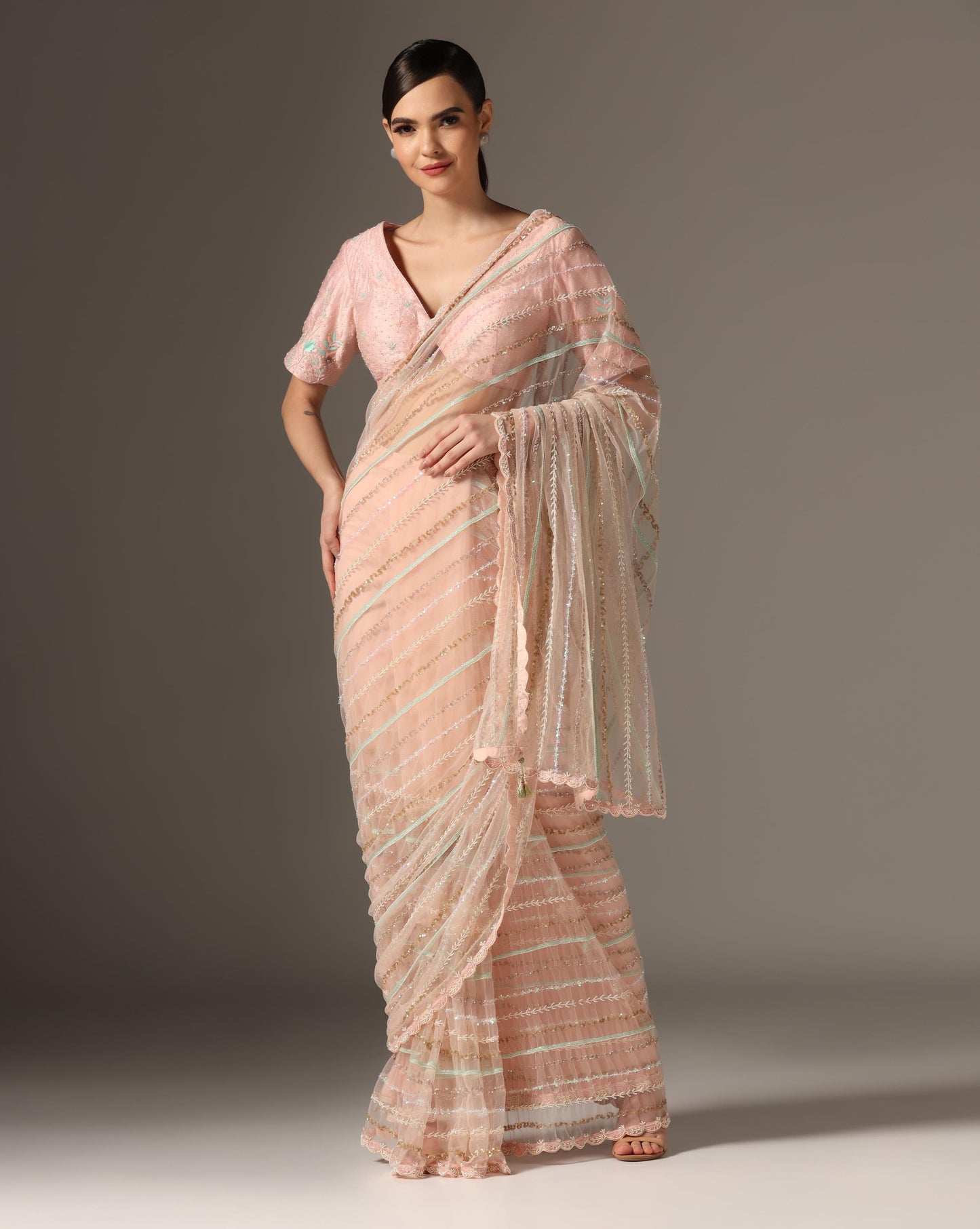 Pink Net Embroidered Saree Set