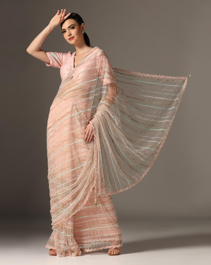 Pink Net Embroidered Saree Set