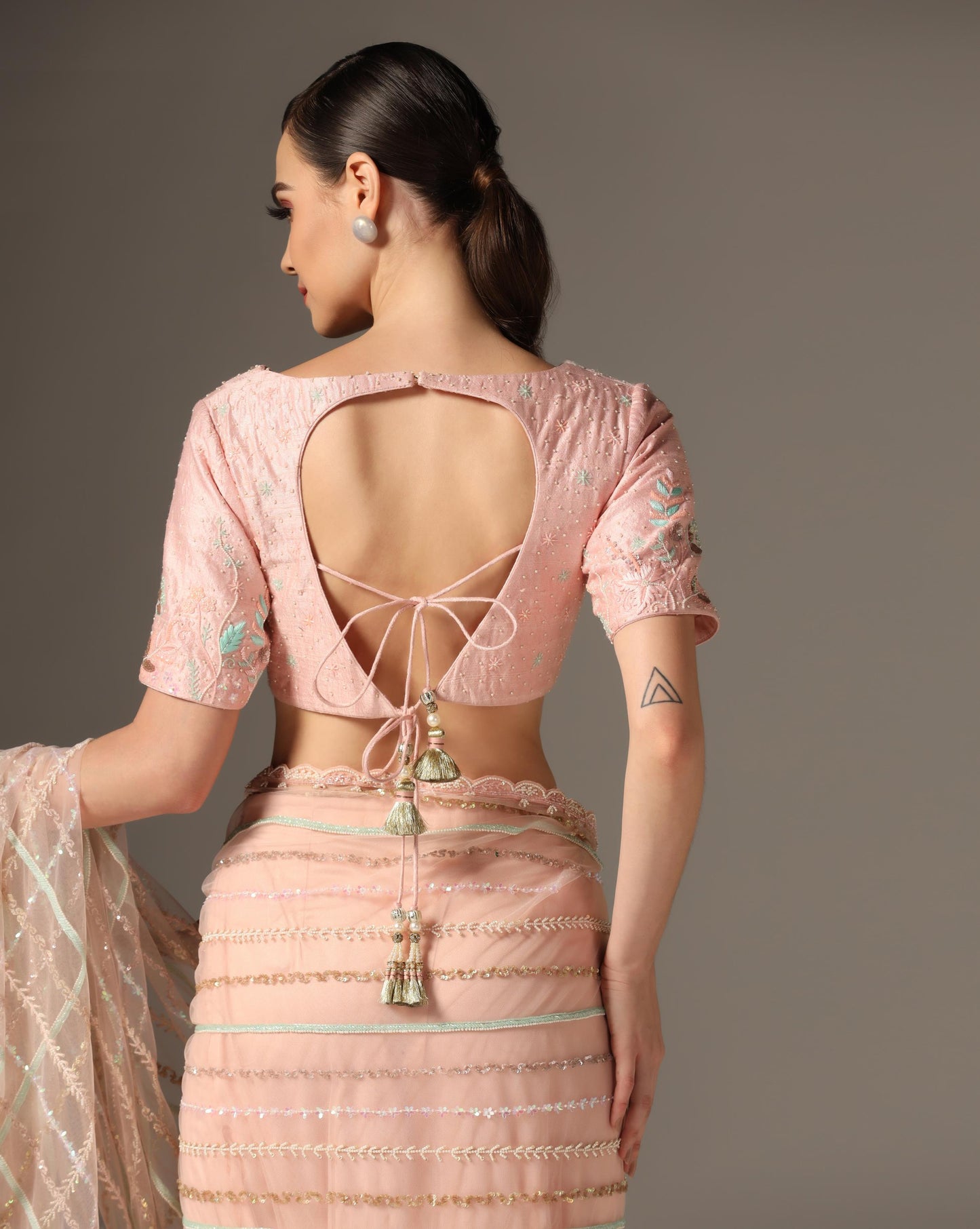 Pink Net Embroidered Saree Set