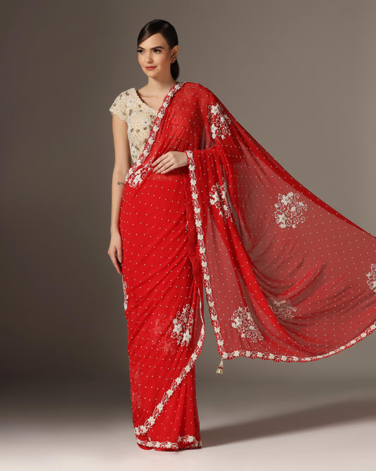 Red Chiffon Saree Set