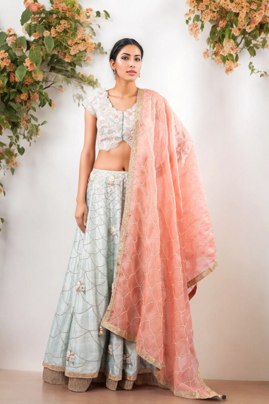 PERSIAN DORI BLOUSE WITH ANCHOR FLOWER SEQUENCE WORK RAW SILK LEHENGA