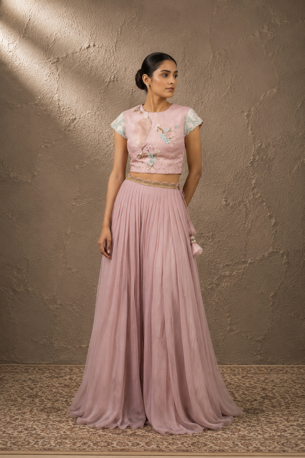 Blush Pink Embroidered Crop Top Set