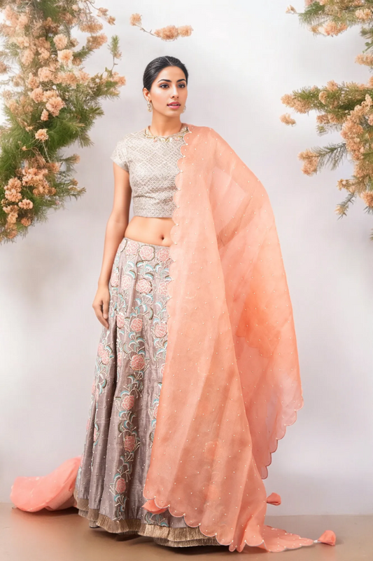 METAL SEQUIN BARFI BLOUSE LEHENGA