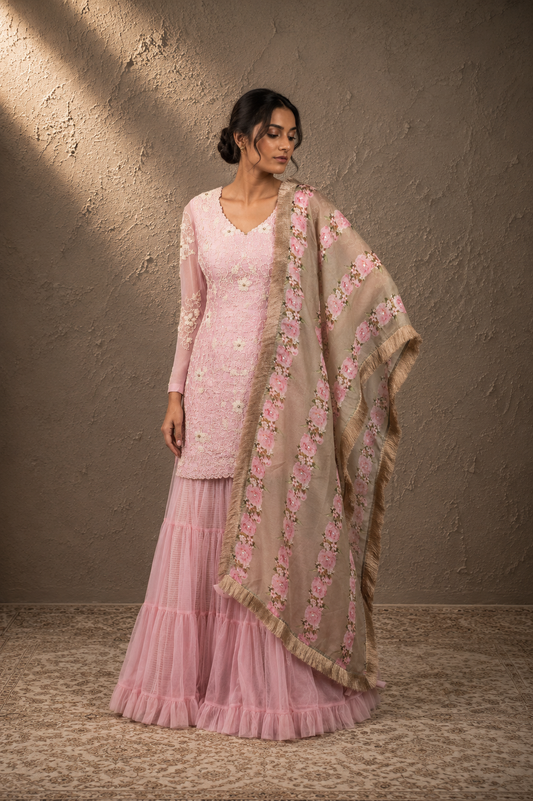 Mauve Pink Heavily Embroidered Kurta & Tiered Sharara Set