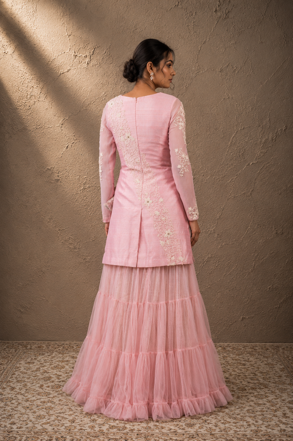 Mauve Pink Heavily Embroidered Kurta & Tiered Sharara Set
