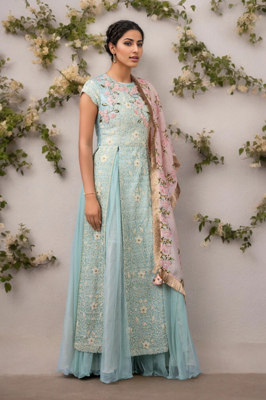 PEARL JAAL RAW SILK LONG JACKET WITH NET SKIRT AND PINK PEONIES STRIPE PRINTED DUPATTA