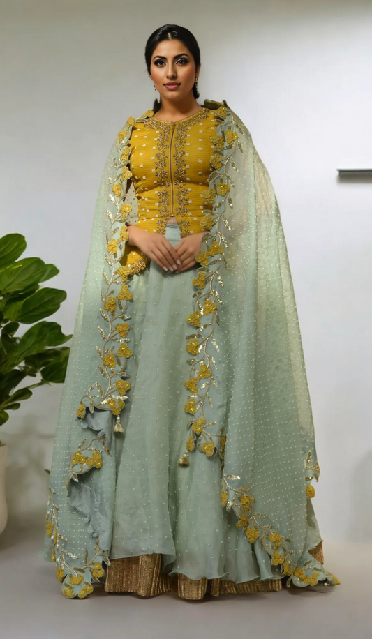 PEPLUM JACKET WITH 3 MOTI ORGANZA LEHENGA