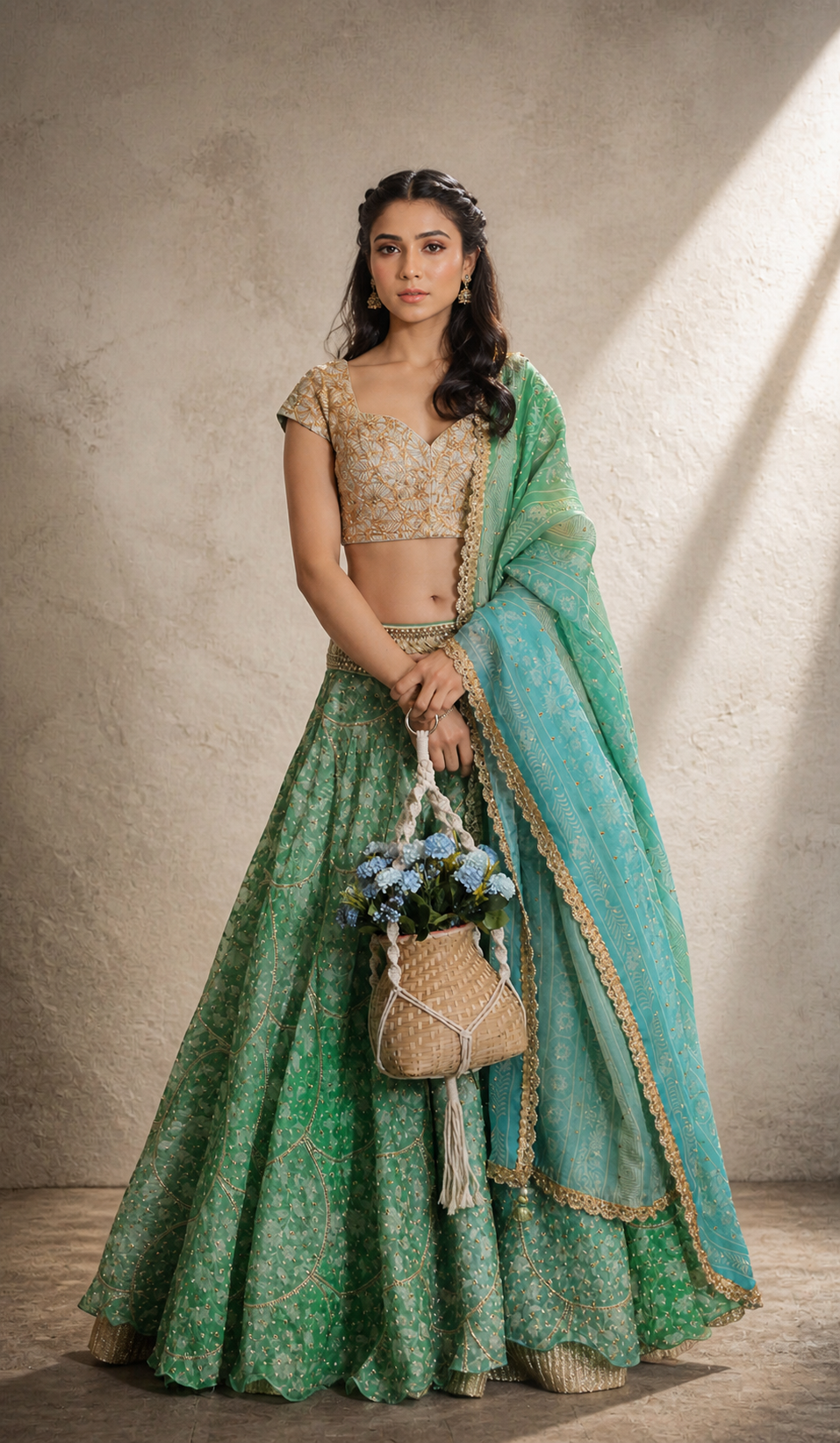 Jade Green Embroidered Lehenga & Champagne Gold Blouse Set