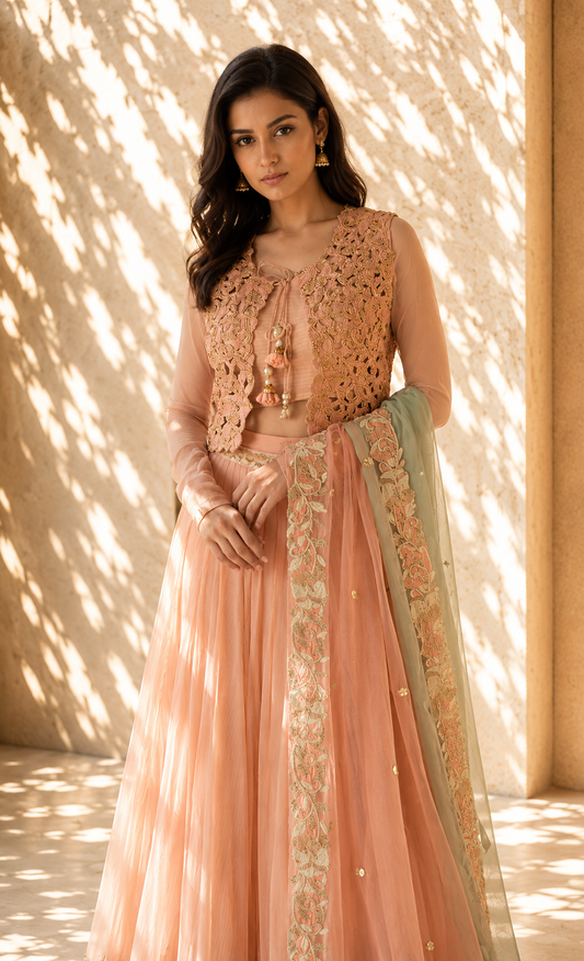 Peach Nectar Cutwork Jacket Set