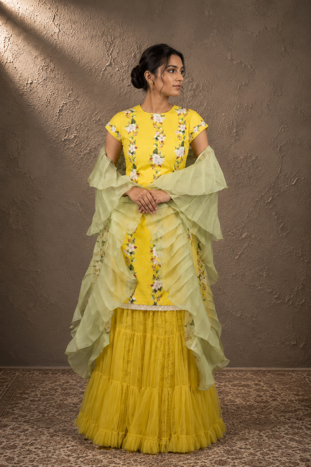 Canary Yellow Floral Kurta & Tiered Sharara Set