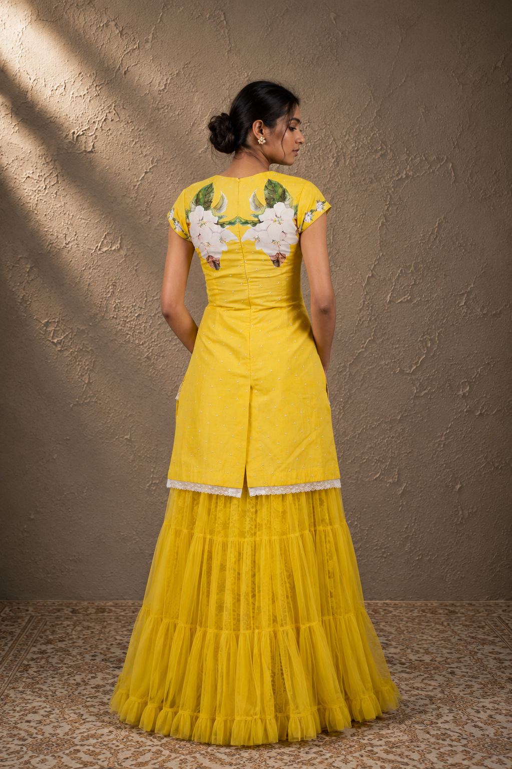 Canary Yellow Floral Kurta & Tiered Sharara Set
