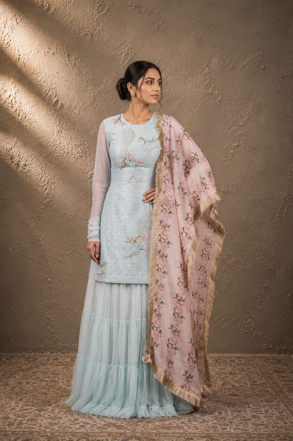 Blue Embroidered Kurta & Tiered Sharara Set