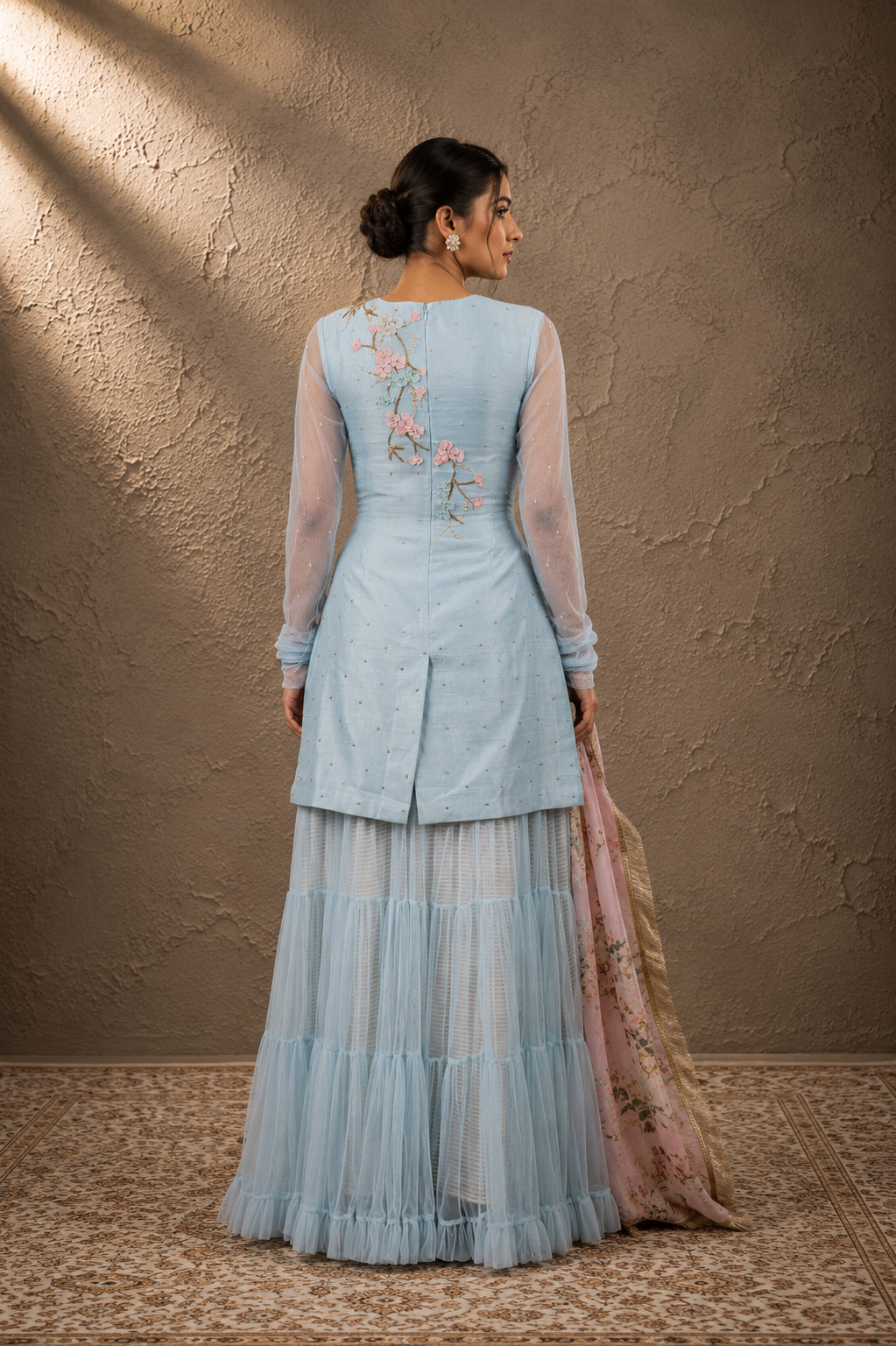 Blue Embroidered Kurta & Tiered Sharara Set