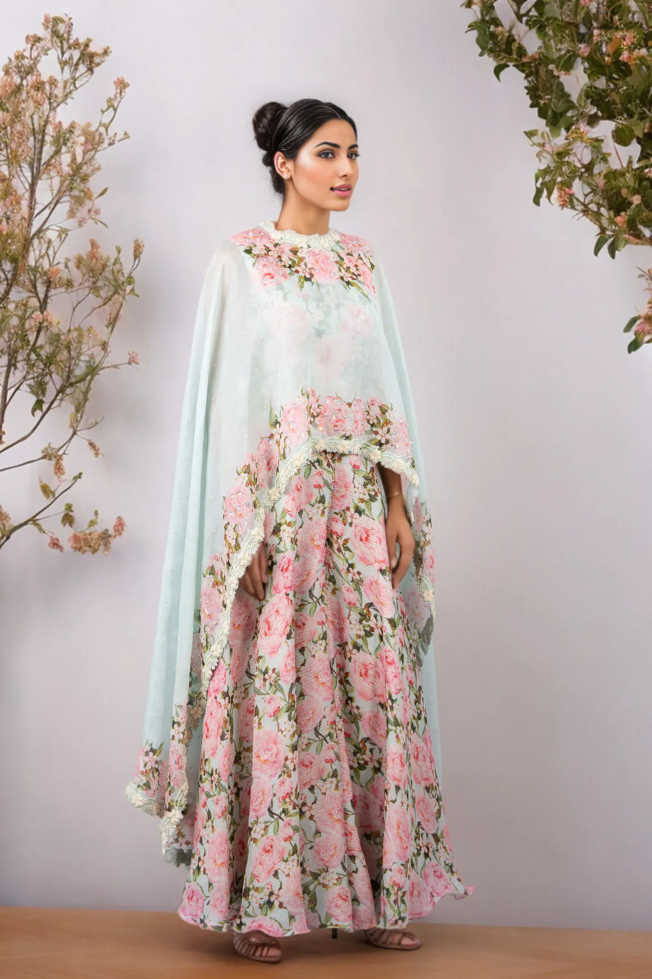 DIGITAL PRINT PEONIES JUMPSUIT WITH AQUA CUSTOM PRINTED CAPE