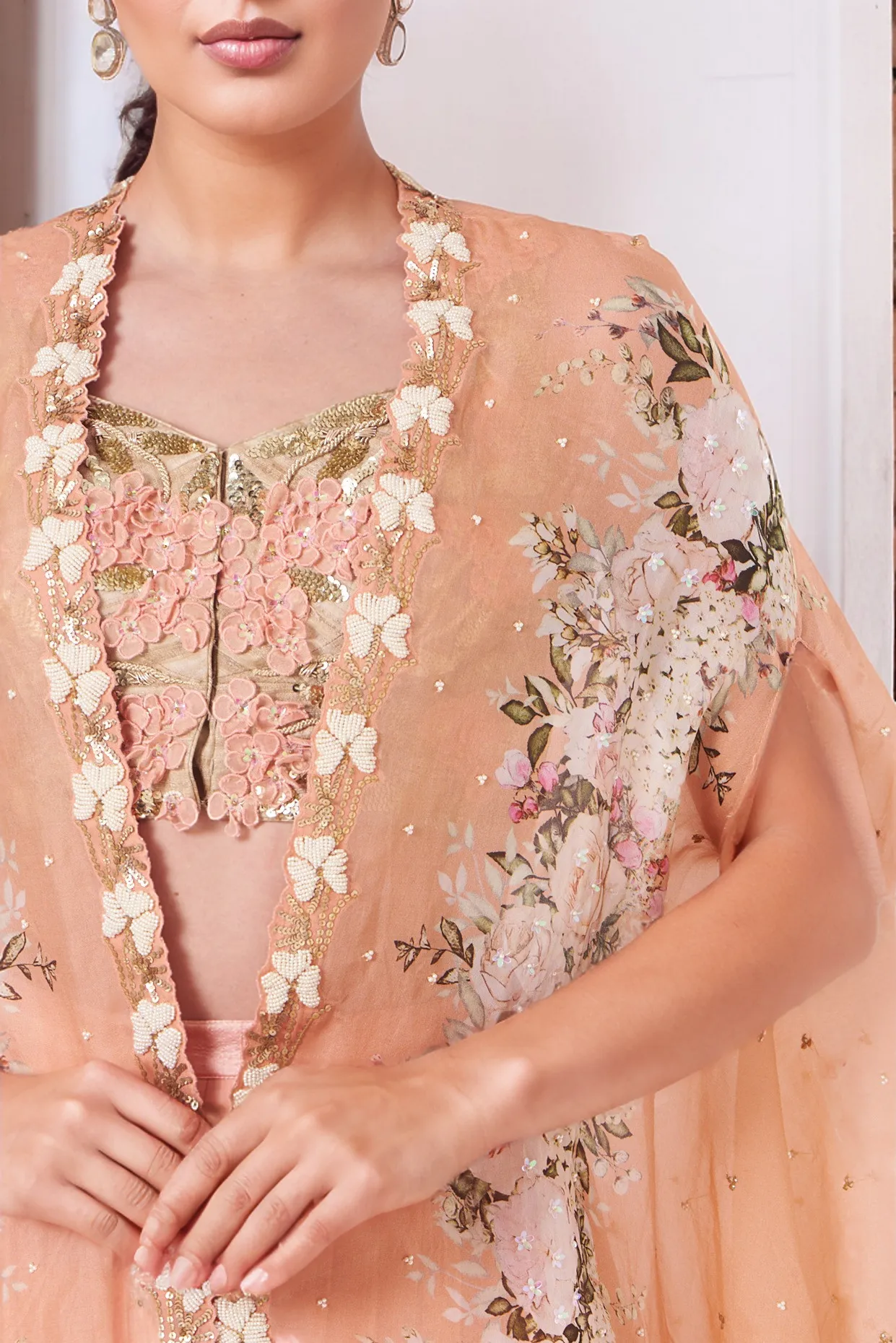 Peach Organza Printed Cape Set