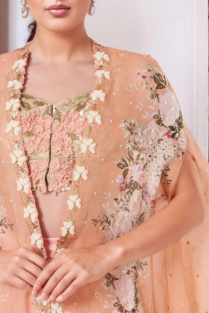 Peach Organza Printed Cape Set