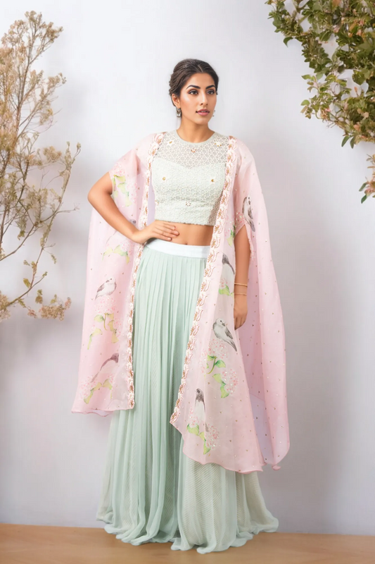 STAR WEB BLOUSE WITH CHIFFON PLEATED PLAZZO AND CUSTOM PRINTED PINK BIRD CAPE