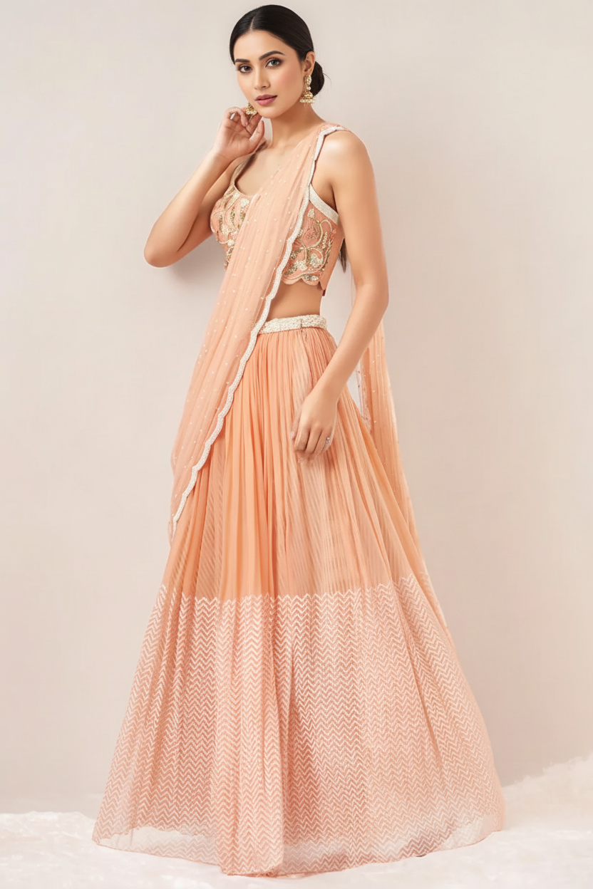 Orange Block Printed Lehenga Set