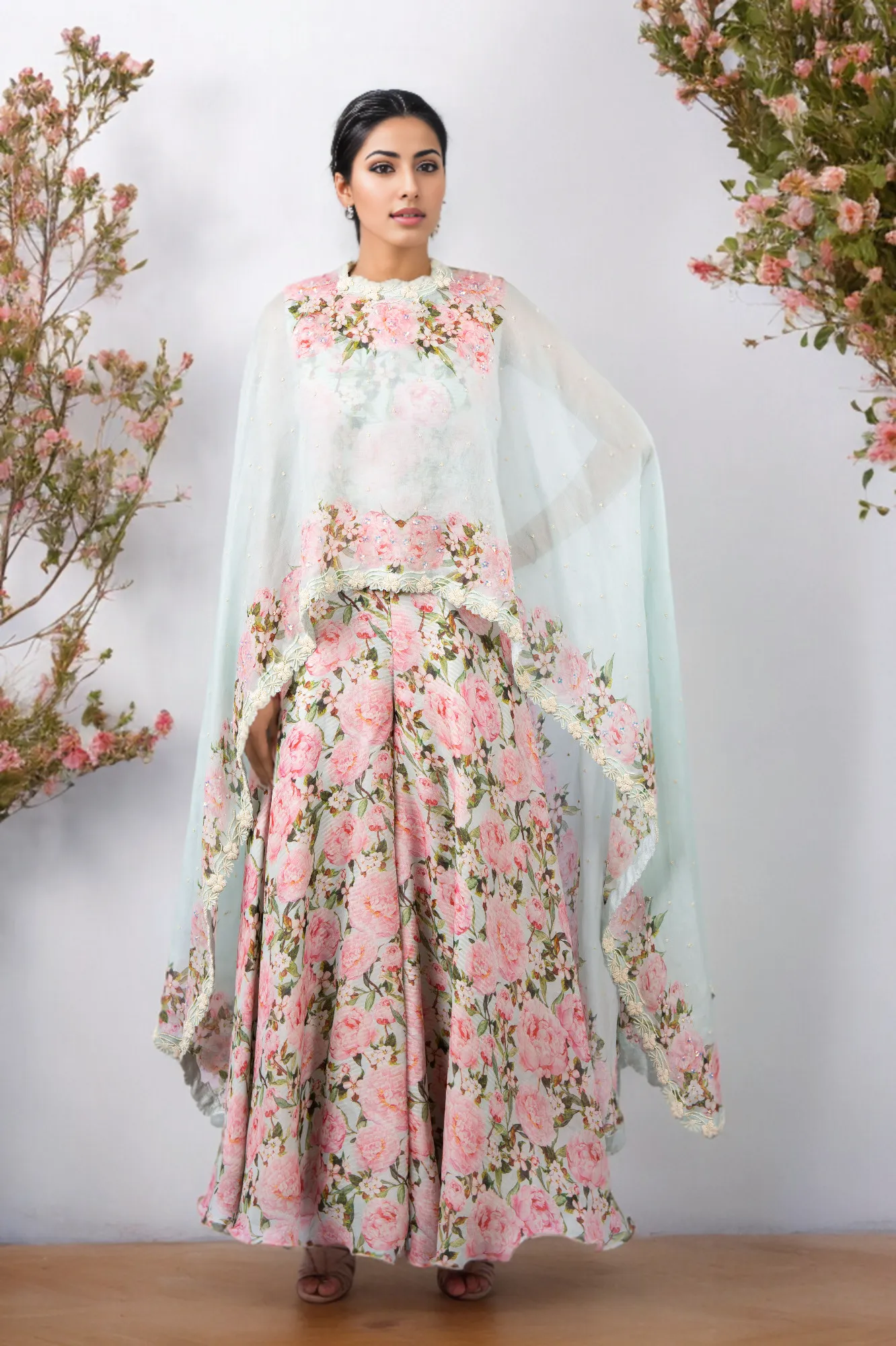 DIGITAL PRINT PEONIES JUMPSUIT WITH AQUA CUSTOM PRINTED CAPE