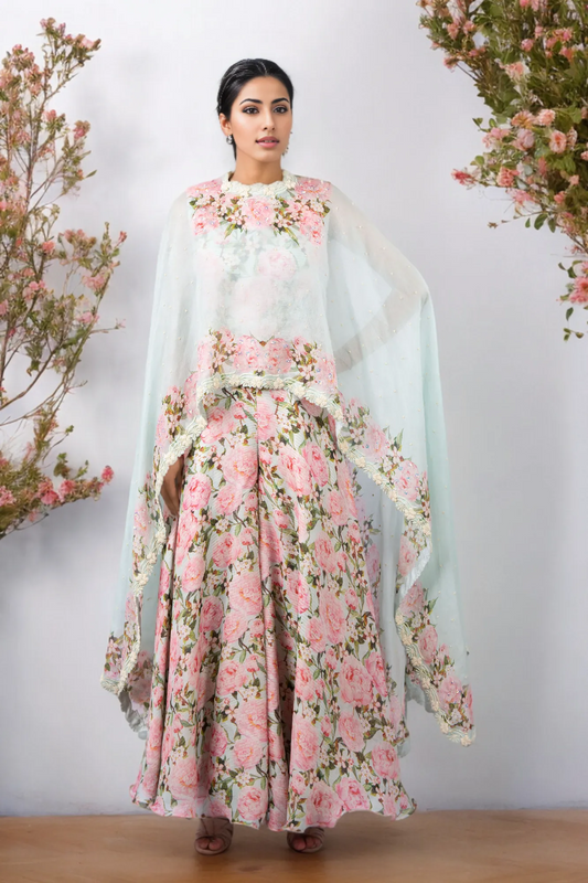 DIGITAL PRINT PEONIES JUMPSUIT WITH AQUA CUSTOM PRINTED CAPE