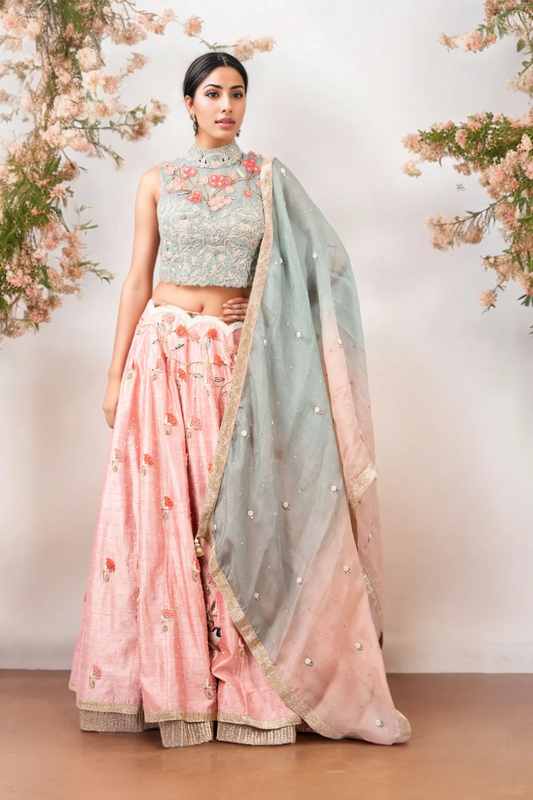 DORI WORK HIGH NECK BLOUSE WITH 3D FLOWERS LEHENGA
