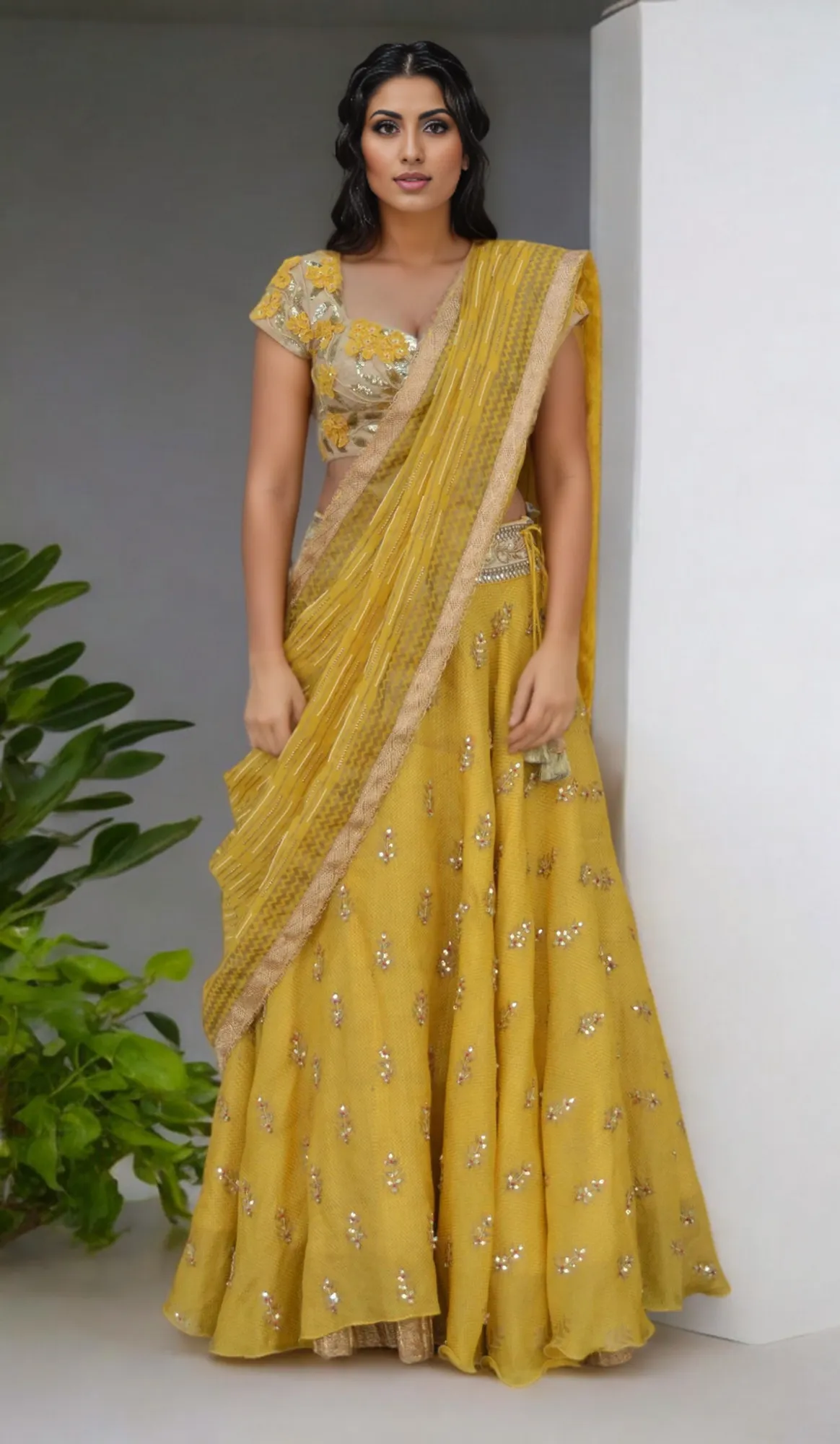 3D FLOWER TUSSAR BLOUSE WITH KUNDAN BOOTI LEHENGA