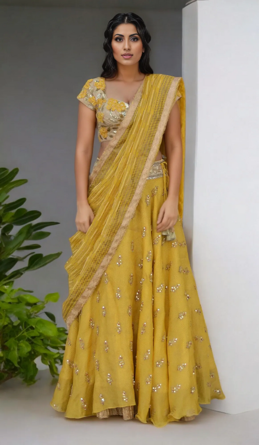 3D FLOWER TUSSAR BLOUSE WITH KUNDAN BOOTI LEHENGA