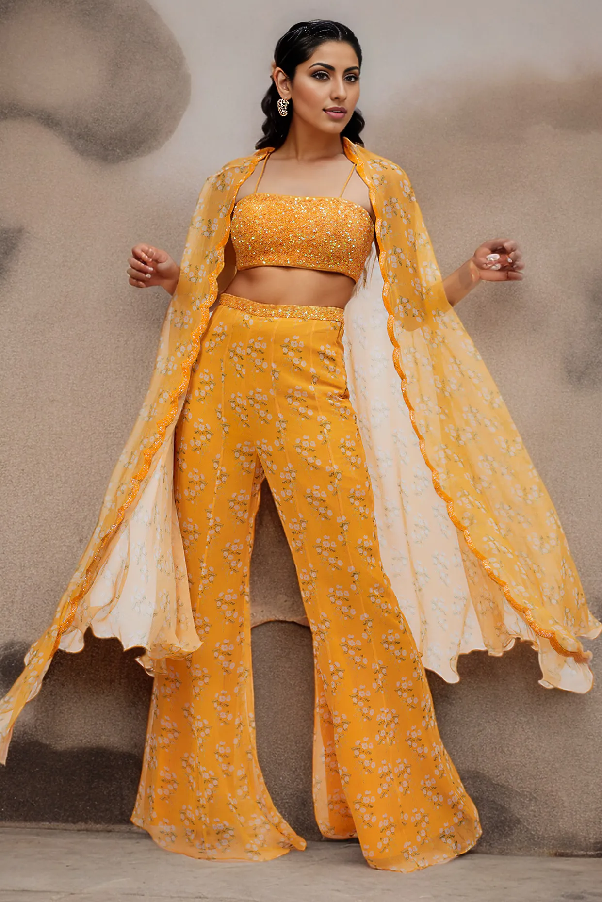 Kesar Raw Silk & Chiffon Printed Cape Set