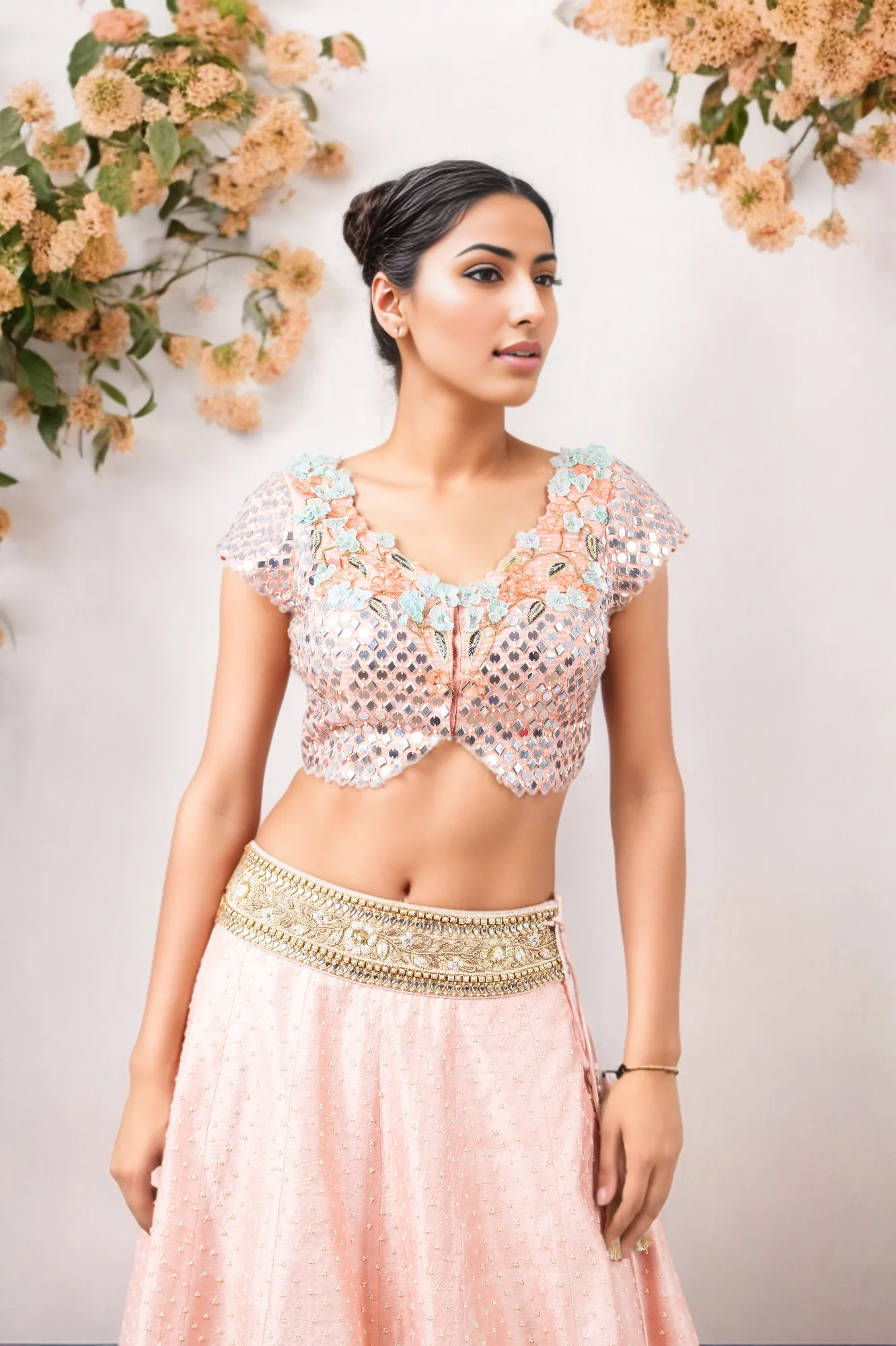 MIRROR EMBROIDERY BLOUSE WITH PERAL WORK RAW SILK GAJARI LEHENGA