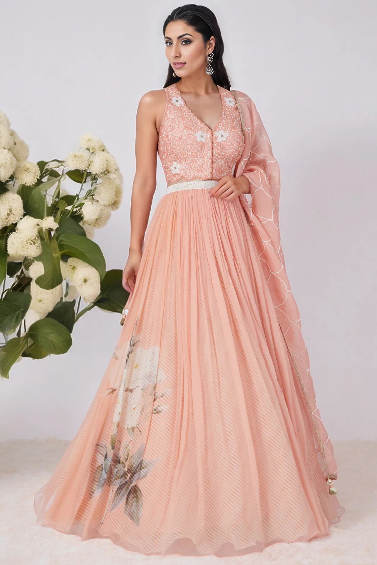 Peach Digital Printed Lehenga & Embroidered Blouse