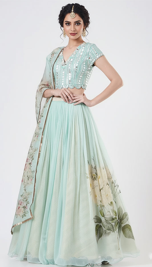 Sea Green Printed Lehenga Set