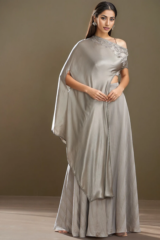 Grey Silk Satin Embroidered Off-Shoulder Cape Set