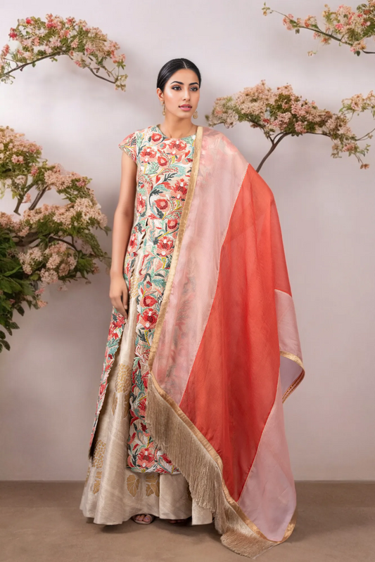 PERSIAN DORI WORK LONG JACKET WITH FOOTBALL LILLY RAW SILK SKIRT