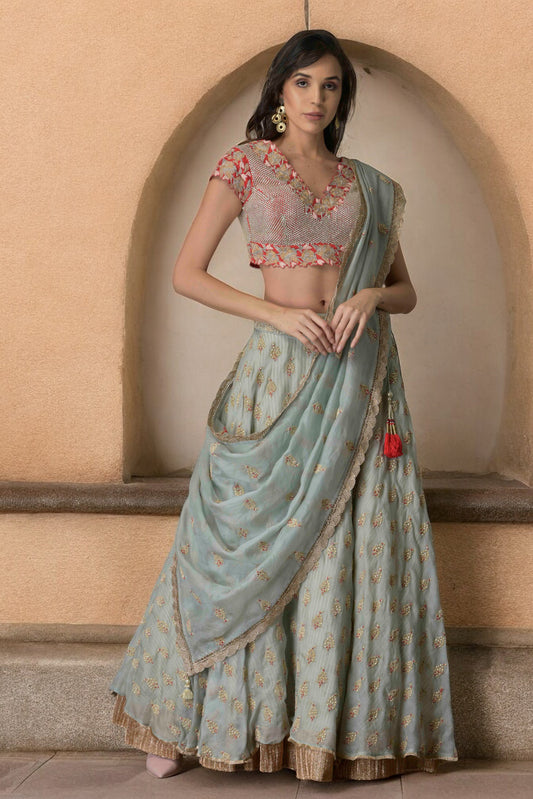 Metal Booti work lehenga with sequin blouse
