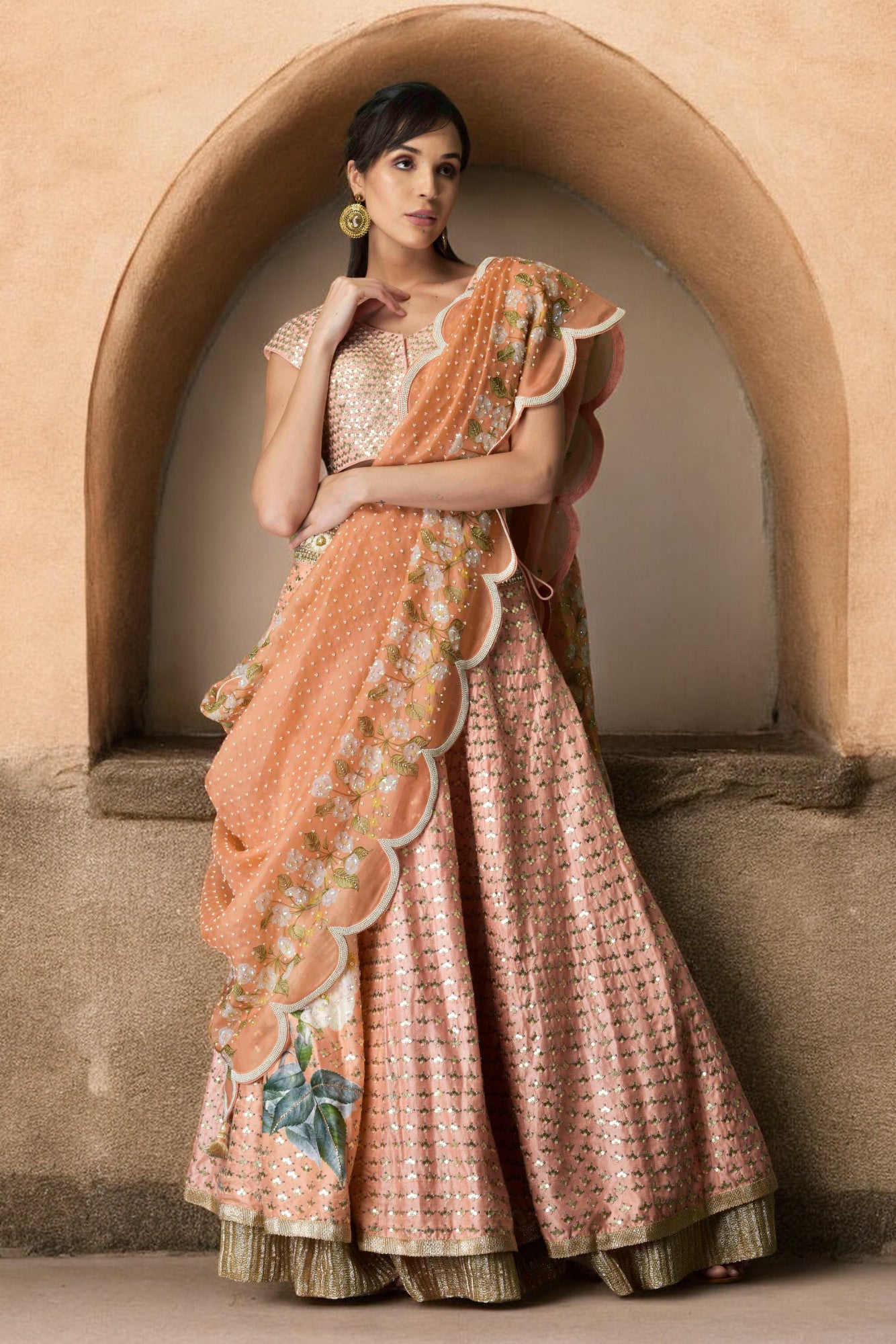 Leather work printed lehenga