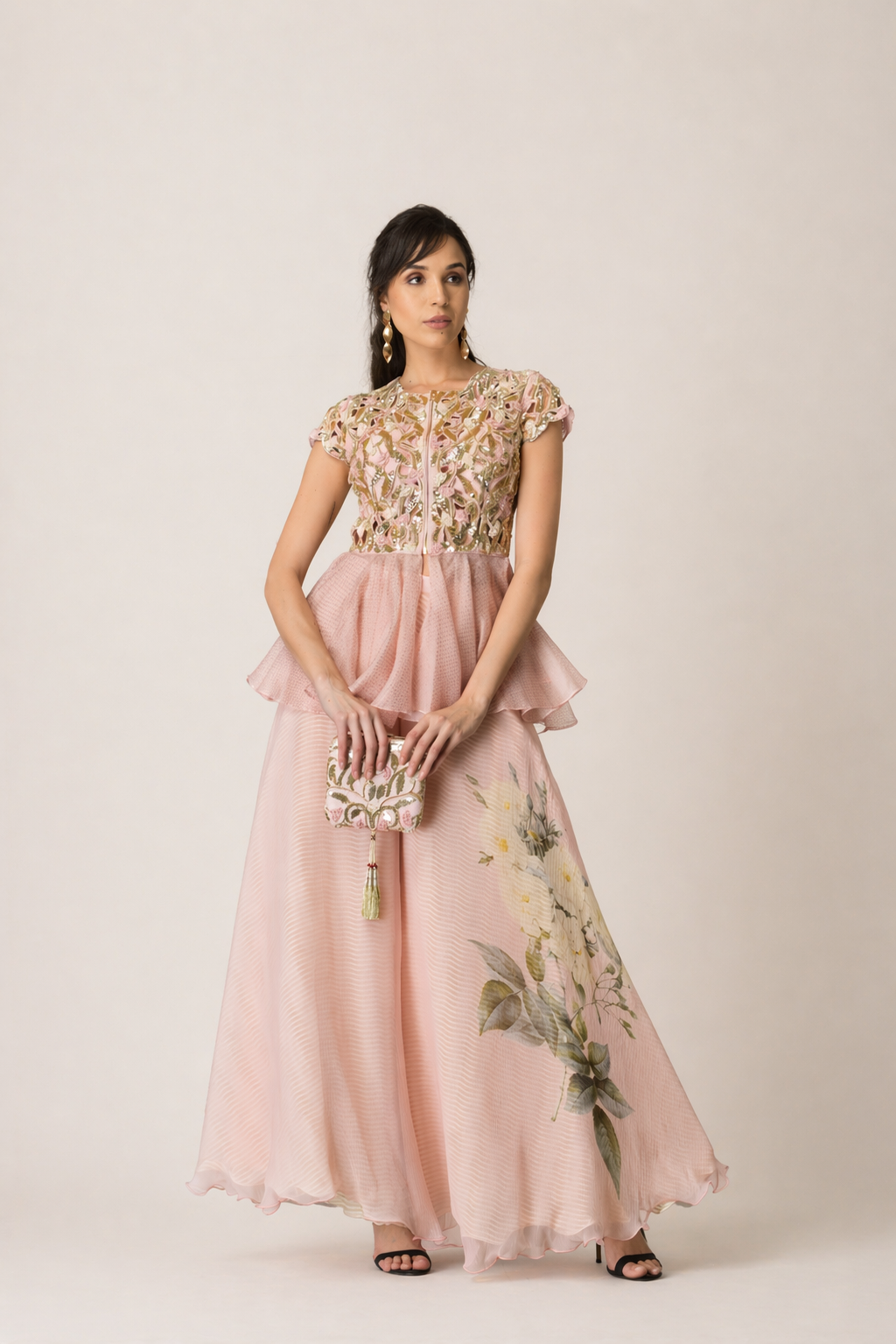 Blush Pink Sequin Peplum & Floral Palazzo Set