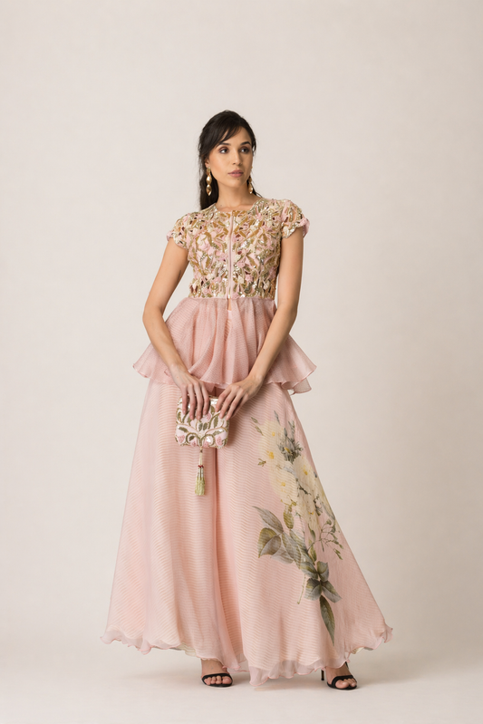 Blush Pink Sequin Peplum & Floral Palazzo Set