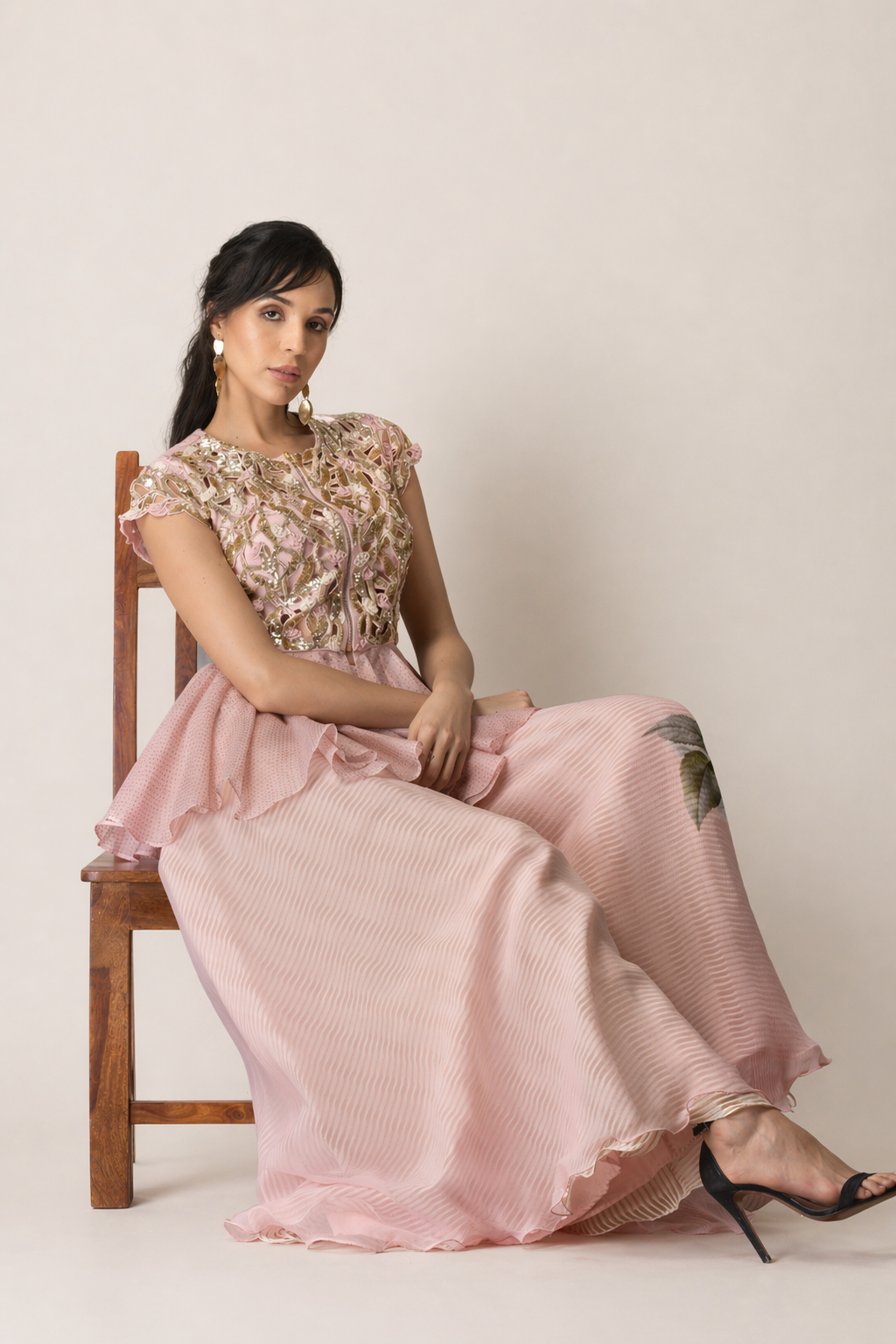 Blush Pink Sequin Peplum & Floral Palazzo Set