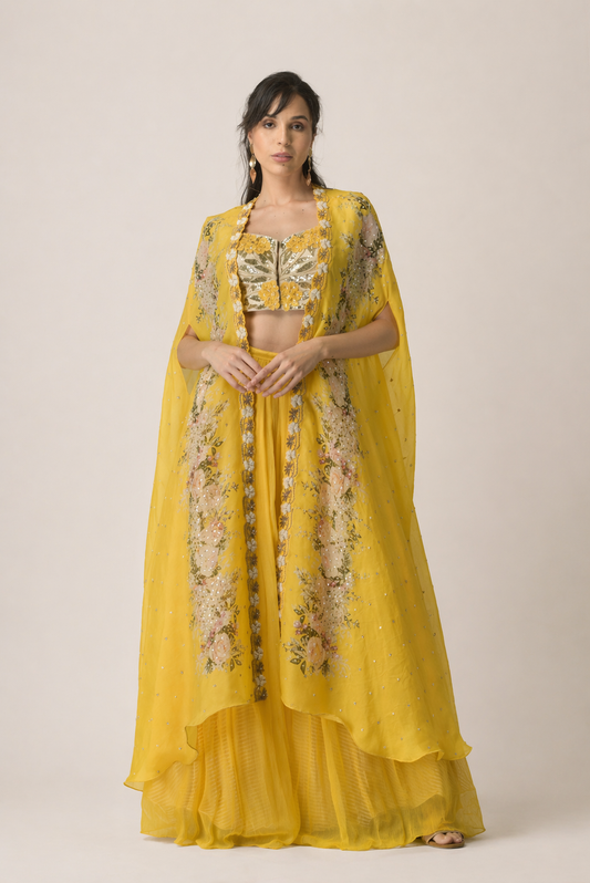 Canary Yellow 3D Floral Cape & Lehenga Set