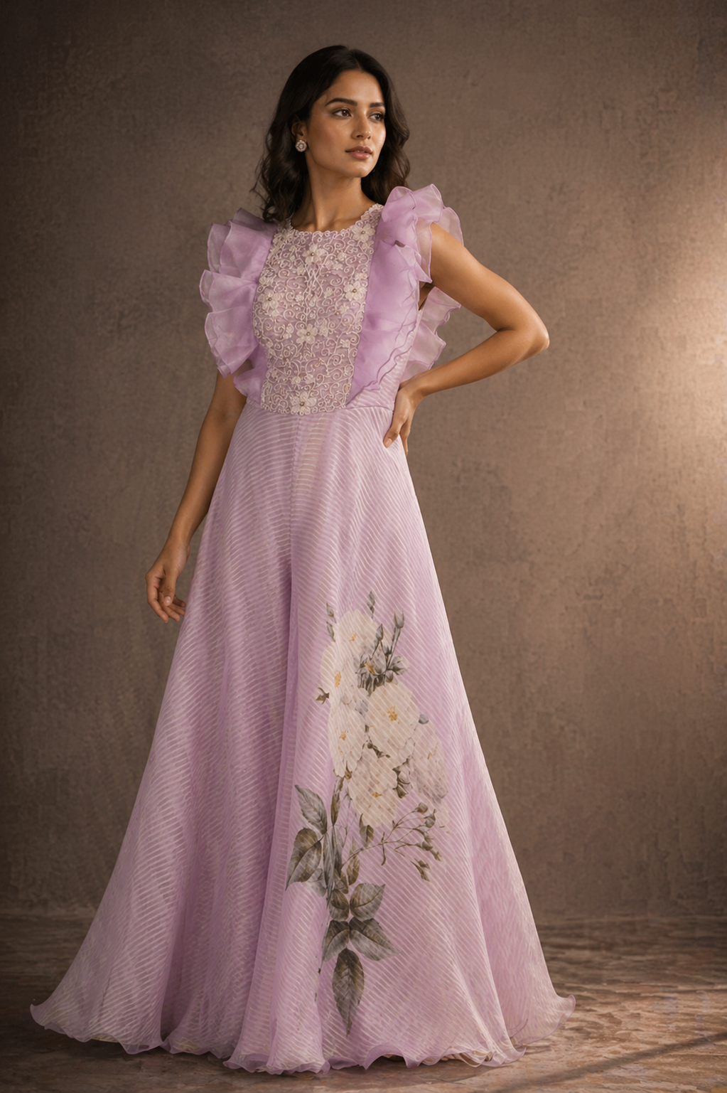 Soft Lilac Ruffled Bodice Flared Jumpsuit with Botanical Print