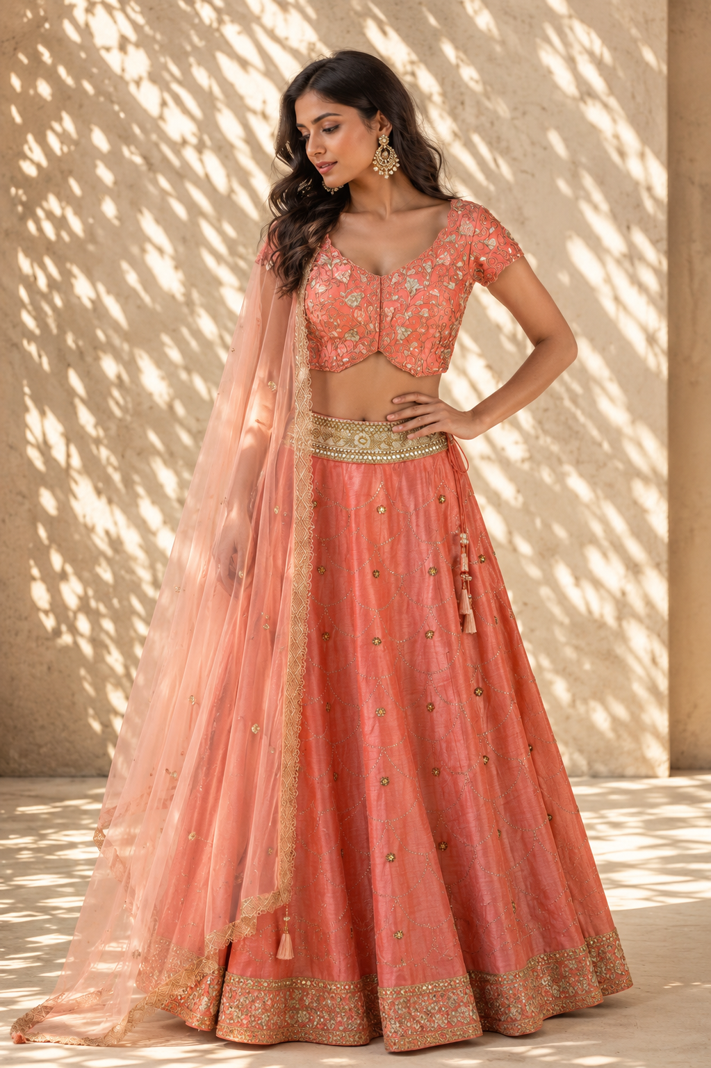 Coral Pink Embroidered Lehenga Set