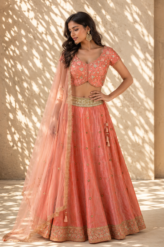 Coral Pink Embroidered Lehenga Set