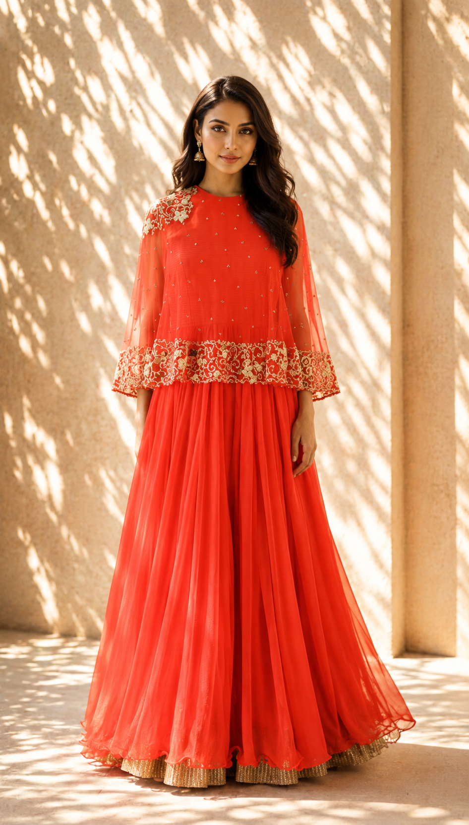 Vermillion Red Embroidered Cape & Pleated Gown Set